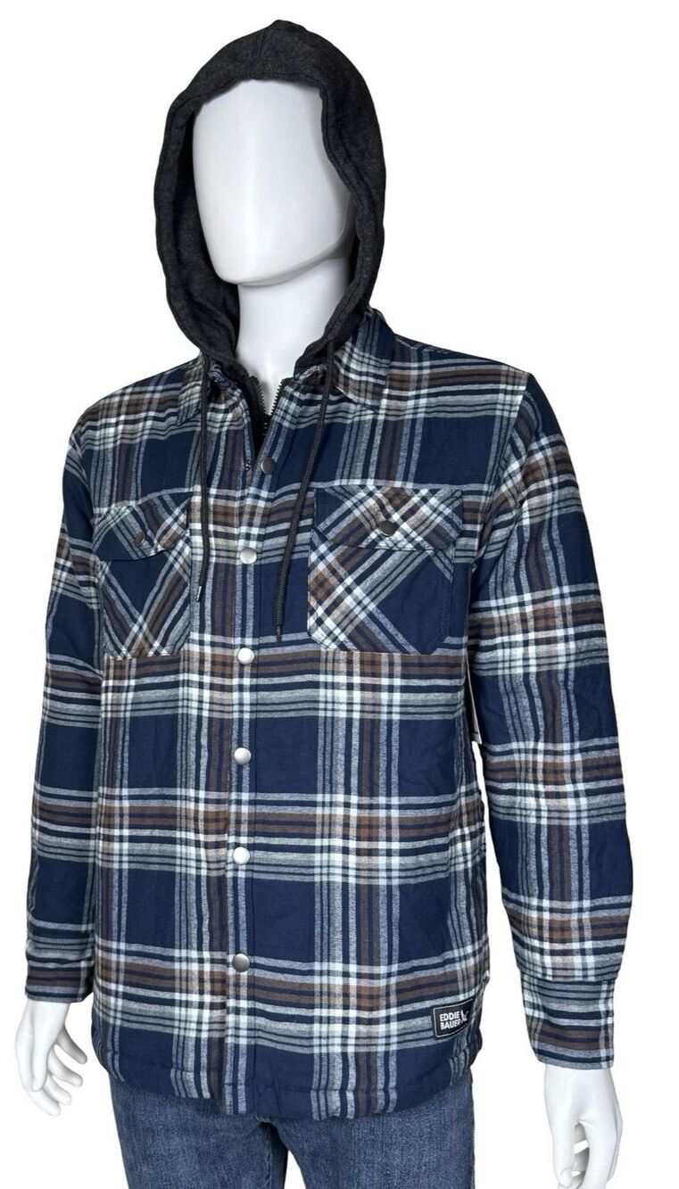 Eddie Bauer Mens Large Shirt Jacket Hooded Blue Plaid Quilted Lined Flannel New